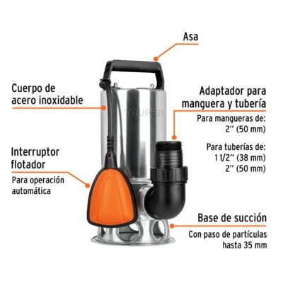 BOMBA SUMERGIBLE 1 HP TRUPER 750 WATTS AGUA SUCIA BOS-1SM COD. 12607 - Image 2