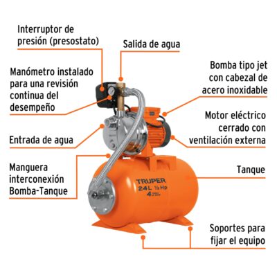 BOMBA Y TANQUE HIDRONEOMATICO TRUPER 1/2 HP 24 LITROS COD. 10077 - Image 2