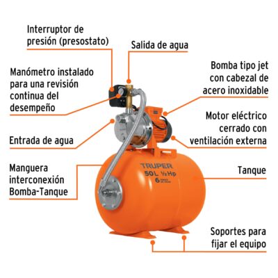 BOMBA Y TANQUE HIDRONEOMATICO TRUPER 1/2 HP 50 LITROS MOD. 12254 - Image 2